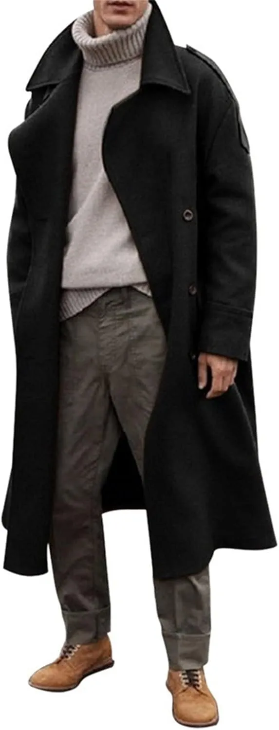 Men's Full Length Winter Trench Coat Double Breasted Wool Blend Long Windbreaker Notch Lapel Peacoat Overcoat