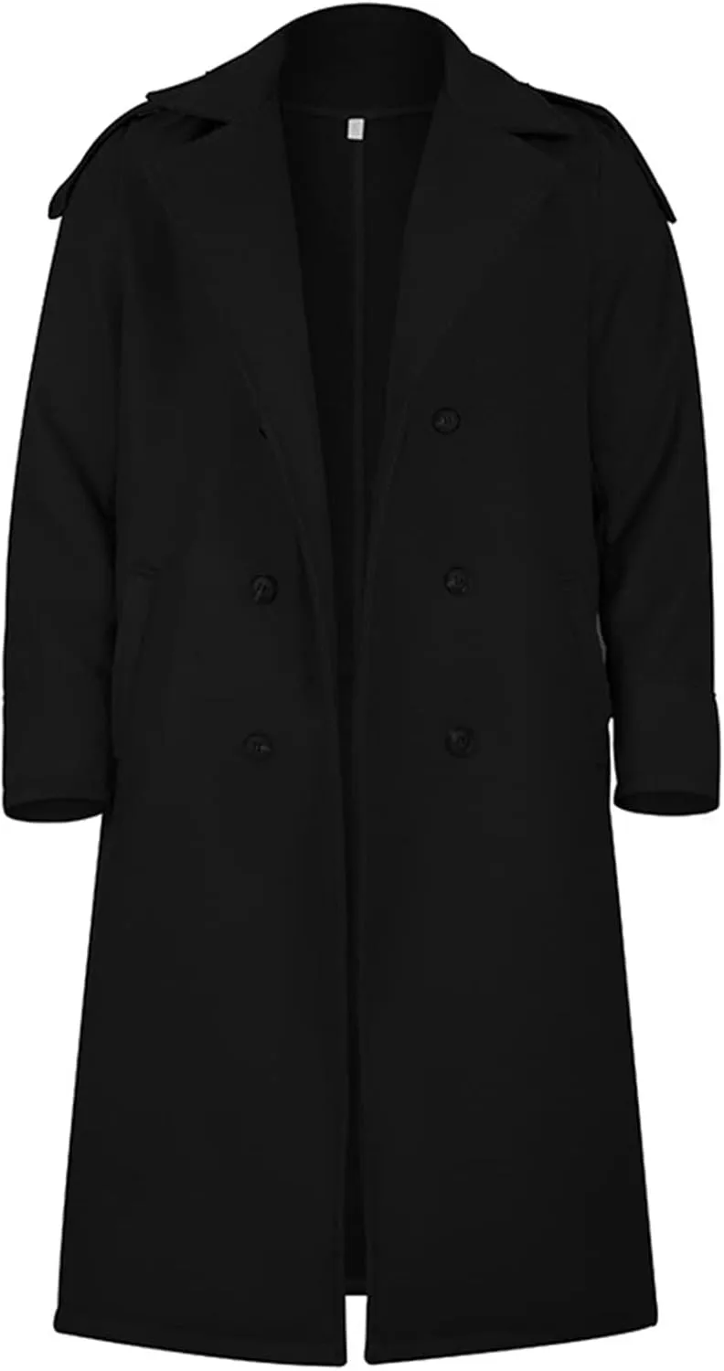 Men's Full Length Winter Trench Coat Double Breasted Wool Blend Long Windbreaker Notch Lapel Peacoat Overcoat