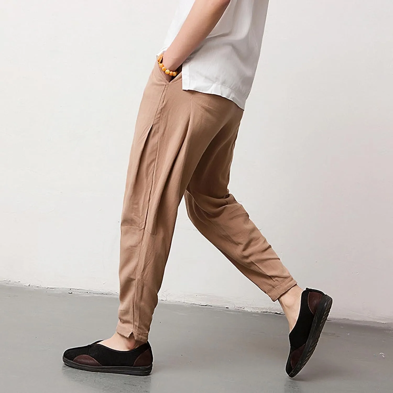 Men's Harem Pants Men Summer Baggy Trouser Hippie Linen for Casual Wear Bohemian Cotton Ninja Hip Hop with Pockets