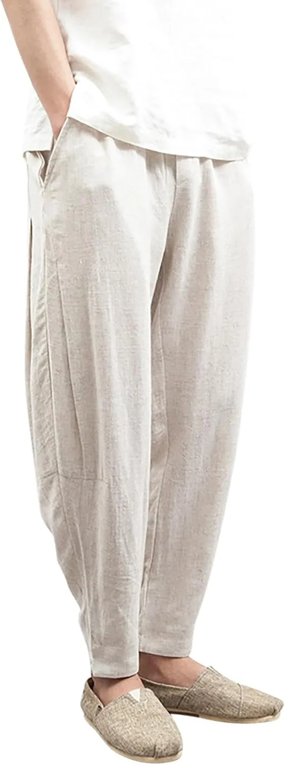 Men's Harem Pants Men Summer Baggy Trouser Hippie Linen for Casual Wear Bohemian Cotton Ninja Hip Hop with Pockets