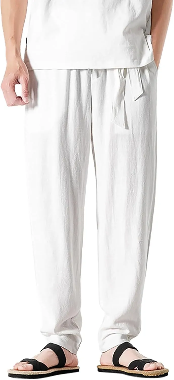 Men's Harem Pants Men Summer Baggy Trouser Hippie Linen for Casual Wear Bohemian Cotton Ninja Hip Hop with Pockets