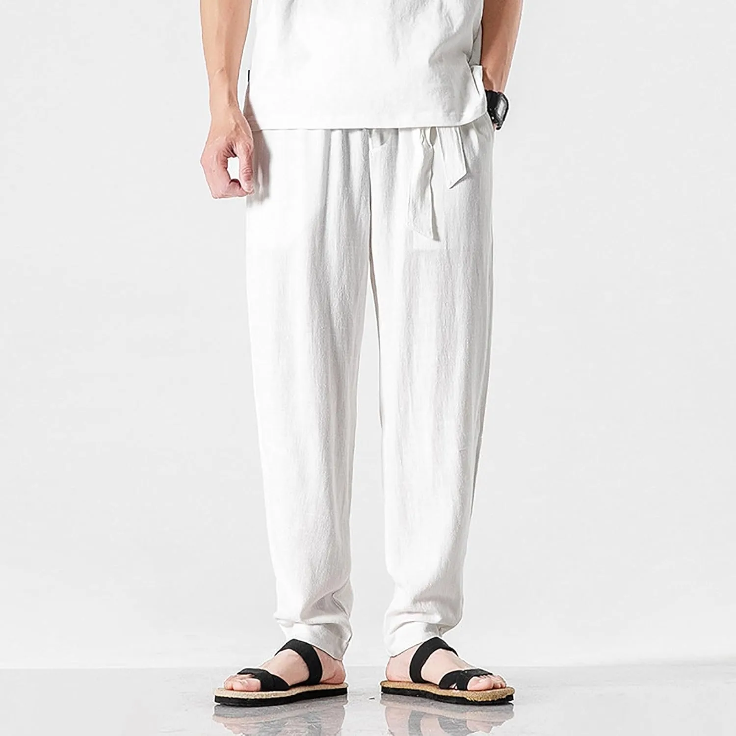 Men's Harem Pants Men Summer Baggy Trouser Hippie Linen for Casual Wear Bohemian Cotton Ninja Hip Hop with Pockets