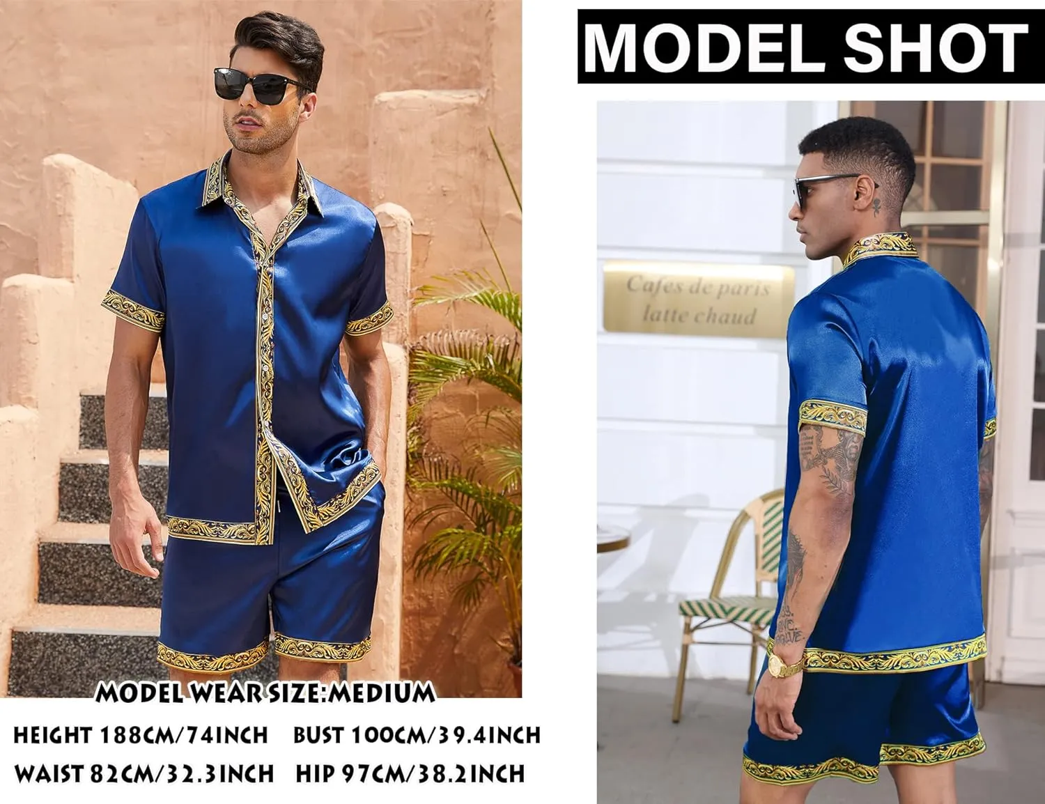Men's Hawaiian Shirt and Short Set 2 Piece Outfits Luxury Printed Casual Button Down Short Sleeve Satin Shirt Suits