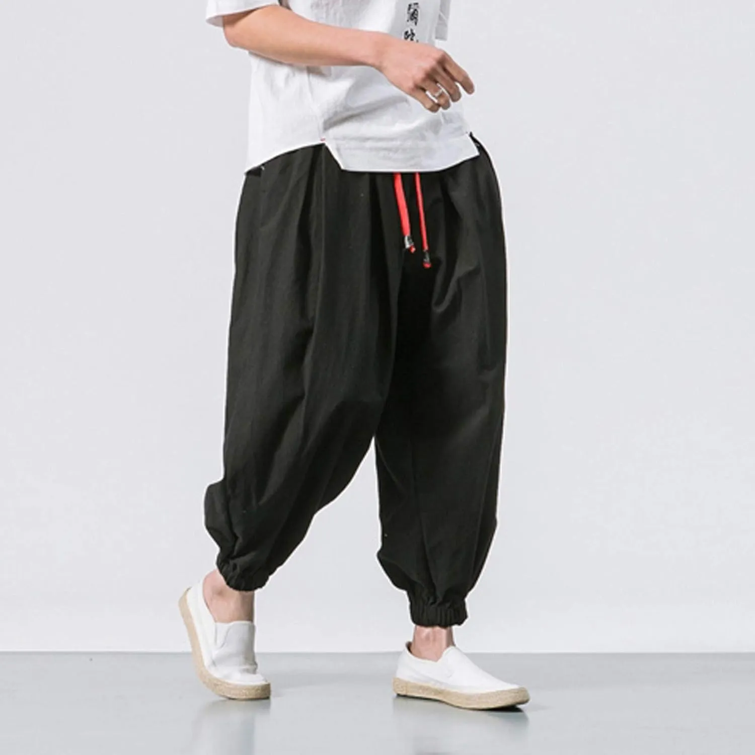 Mens Hip Hop Harem Pants Fashion Solid Color Oversized Tapered Pants Casual Comfy Elastic Drawstring Baggy Trouser