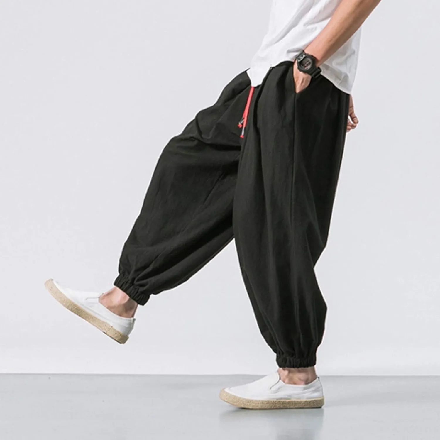 Mens Hip Hop Harem Pants Fashion Solid Color Oversized Tapered Pants Casual Comfy Elastic Drawstring Baggy Trouser