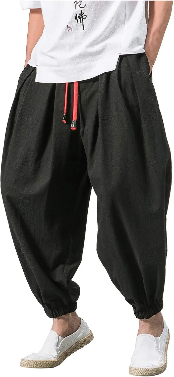 Mens Hip Hop Harem Pants Fashion Solid Color Oversized Tapered Pants Casual Comfy Elastic Drawstring Baggy Trouser