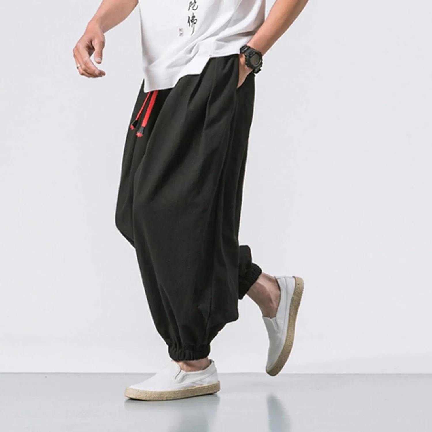 Mens Hip Hop Harem Pants Fashion Solid Color Oversized Tapered Pants Casual Comfy Elastic Drawstring Baggy Trouser