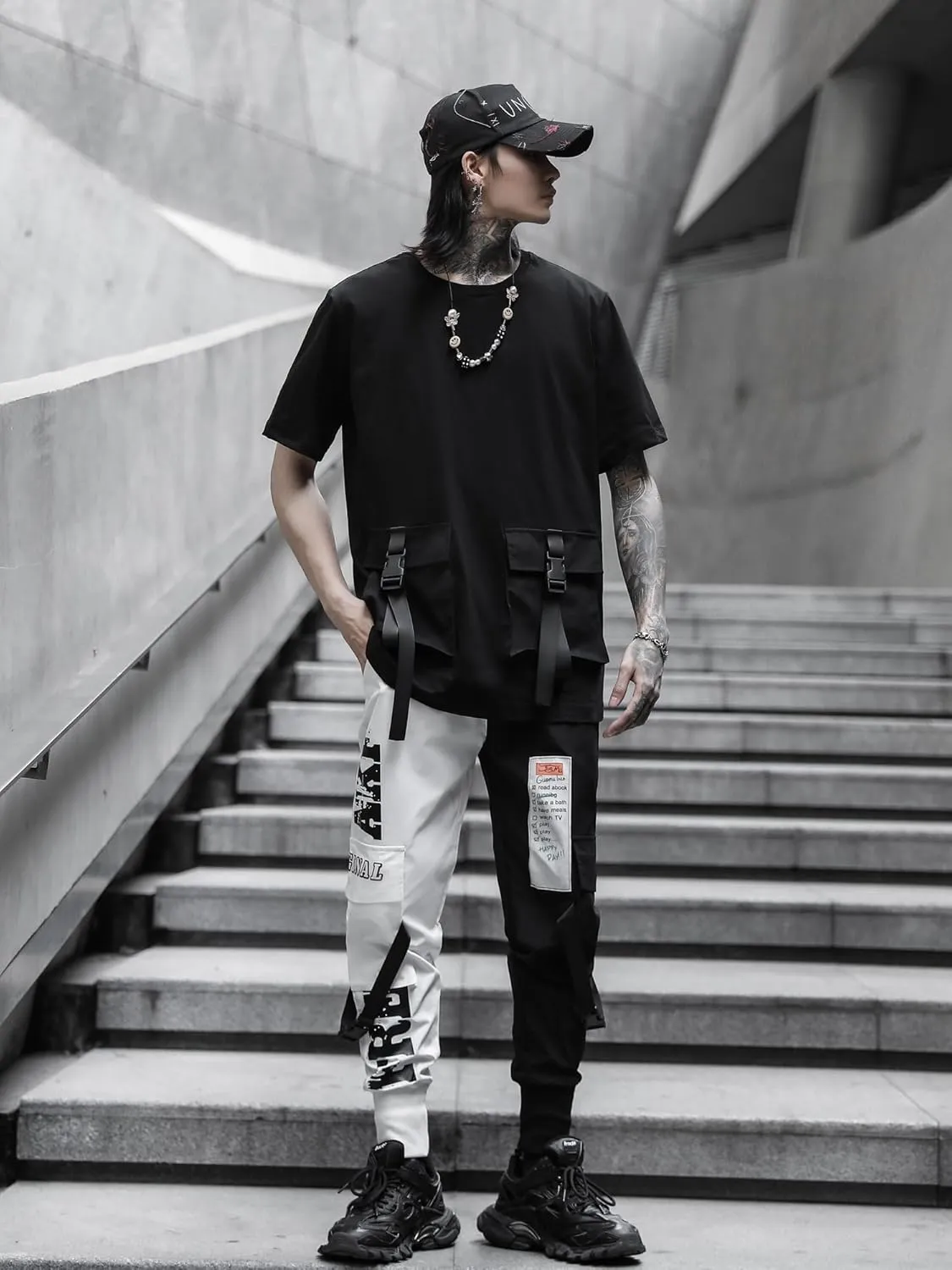 Men's Jogger Pants Punk Cargo Baggy Techwear Hip Hop Harem Pants Streetwear Tactical Track Pants Black White