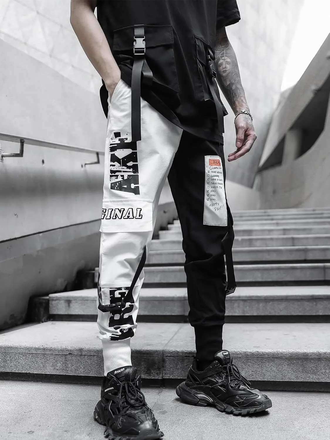 Men's Jogger Pants Punk Cargo Baggy Techwear Hip Hop Harem Pants Streetwear Tactical Track Pants Black White