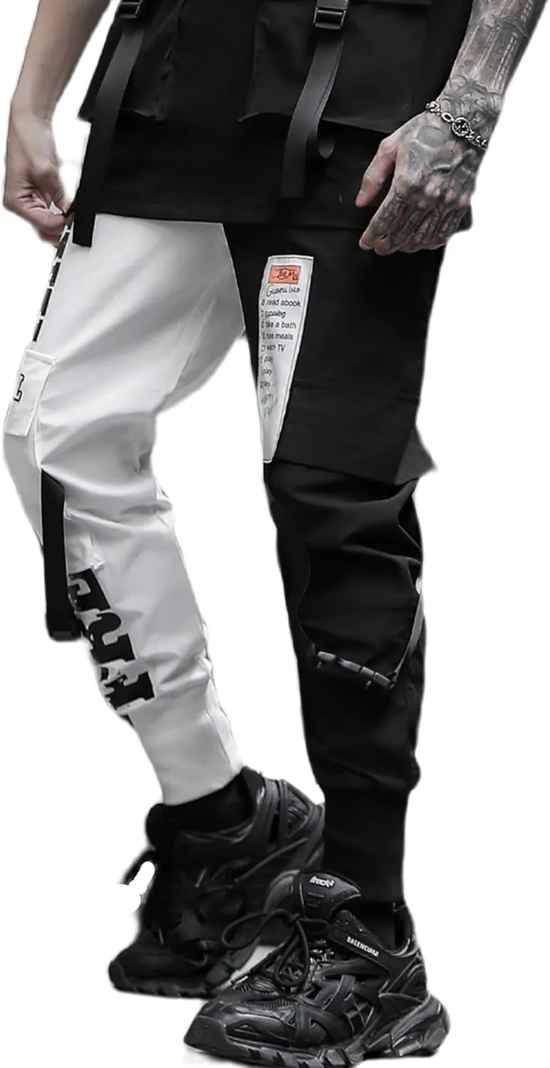 Men's Jogger Pants Punk Cargo Baggy Techwear Hip Hop Harem Pants Streetwear Tactical Track Pants Black White