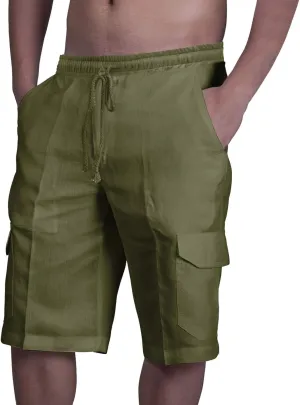 Men's Linen Shorts Casual Cotton Elastic Waist Drawstring Summer Beach Vacation Shorts with Pockets