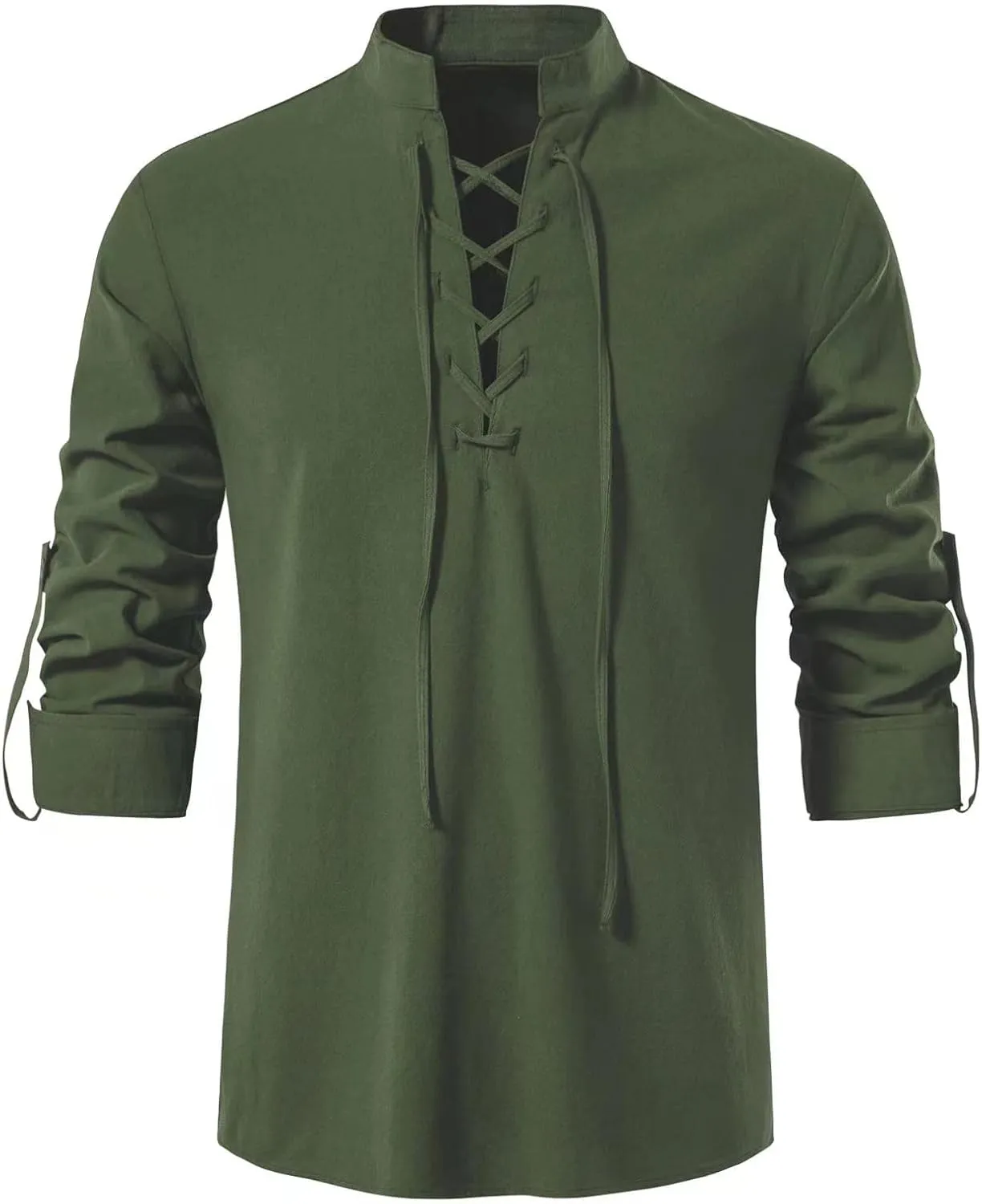 Men's Medieval Renaissance Viking Pirate Costume Long Sleeve Linen Shirt V Neck Lace Up Stand Collar Retro T-Shirt