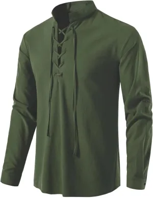 Men's Medieval Renaissance Viking Pirate Costume Long Sleeve Linen Shirt V Neck Lace Up Stand Collar Retro T-Shirt