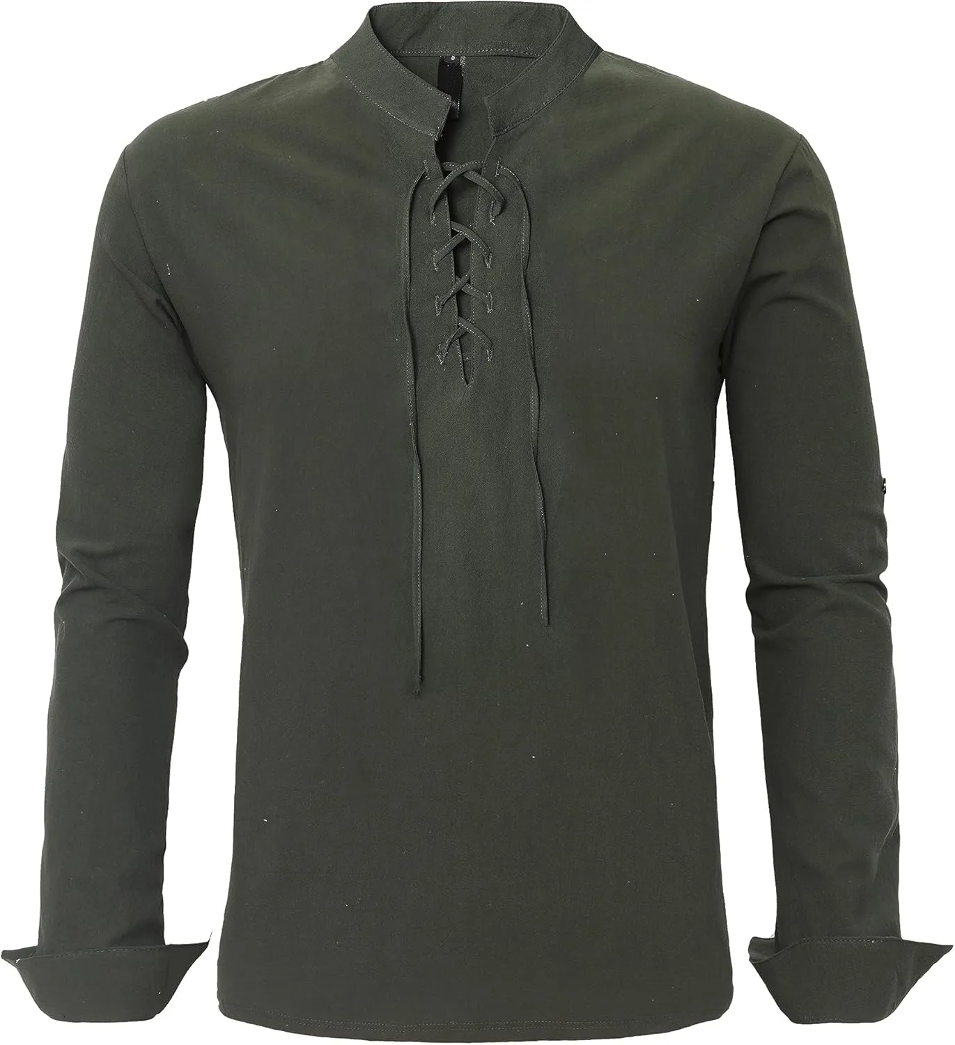 Men's Medieval Renaissance Viking Pirate Costume Long Sleeve Linen Shirt V Neck Lace Up Stand Collar Retro T-Shirt