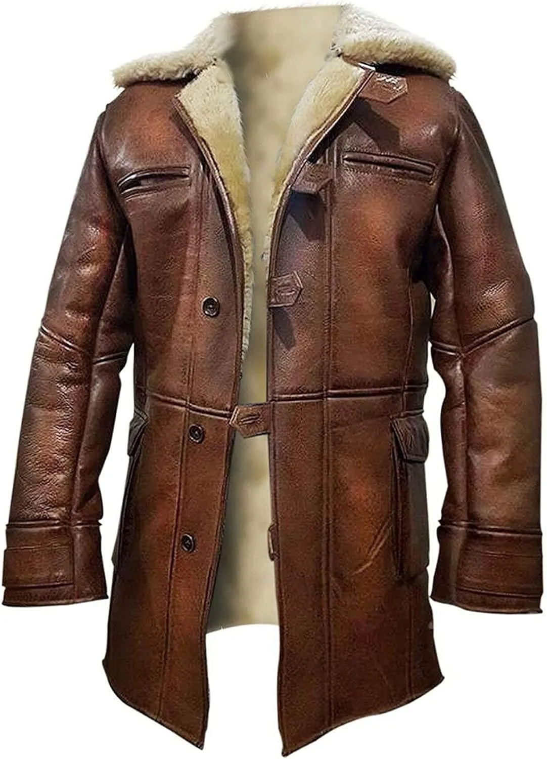 Men's Military Bane Coat Tom Fur Shearling Hardy Winter Knight Rises Sheepskin Leather Trench Coat Black & Brown
