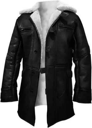 Men's Military Bane Coat Tom Fur Shearling Hardy Winter Knight Rises Sheepskin Leather Trench Coat Black & Brown