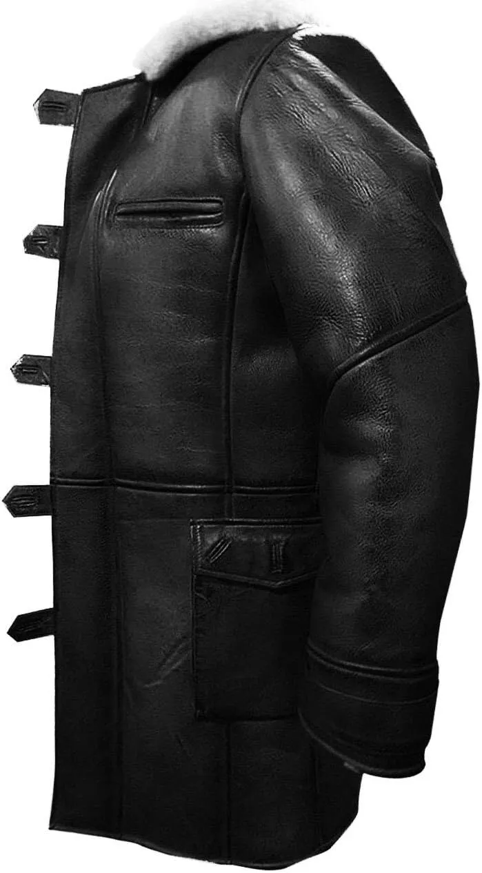 Men's Military Bane Coat Tom Fur Shearling Hardy Winter Knight Rises Sheepskin Leather Trench Coat Black & Brown