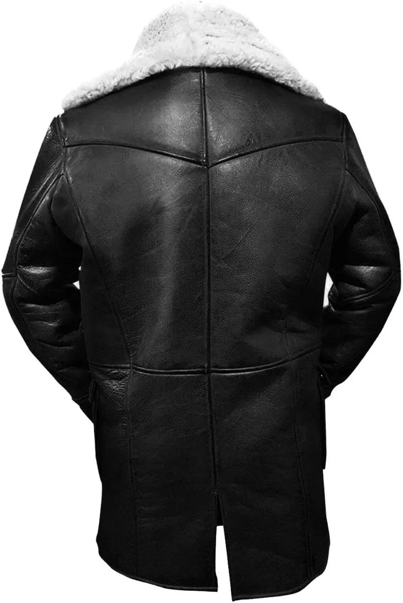 Men's Military Bane Coat Tom Fur Shearling Hardy Winter Knight Rises Sheepskin Leather Trench Coat Black & Brown