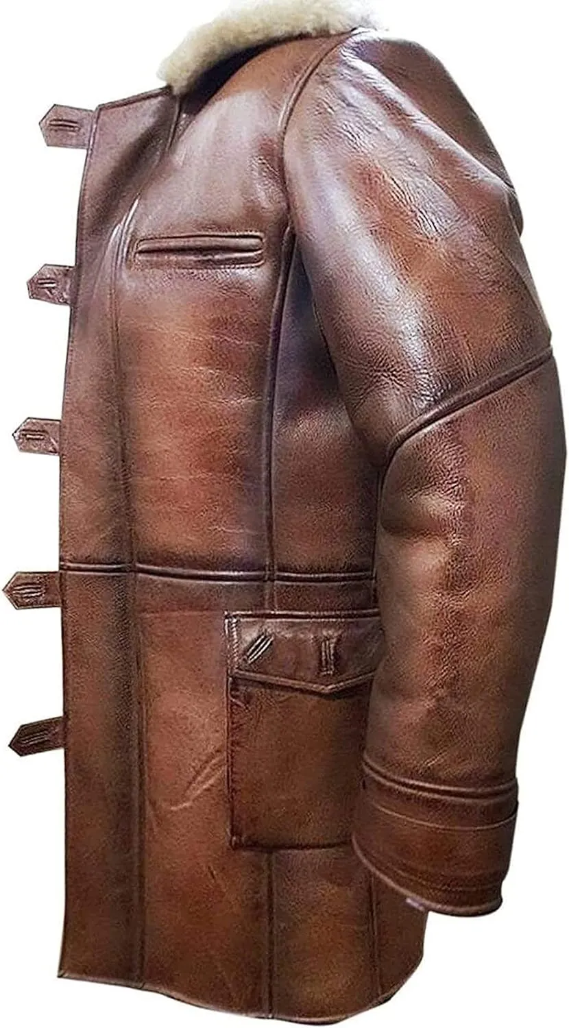 Men's Military Bane Coat Tom Fur Shearling Hardy Winter Knight Rises Sheepskin Leather Trench Coat Black & Brown