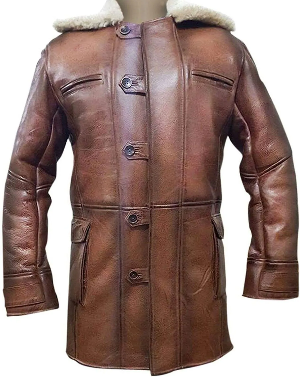 Men's Military Bane Coat Tom Fur Shearling Hardy Winter Knight Rises Sheepskin Leather Trench Coat Black & Brown