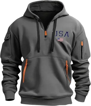 Men's Patriotic Hoodies USA Flag Print Graphic Quarter-Zip Pullover Tops Vintage Tactical Jacket Workout Hoodie