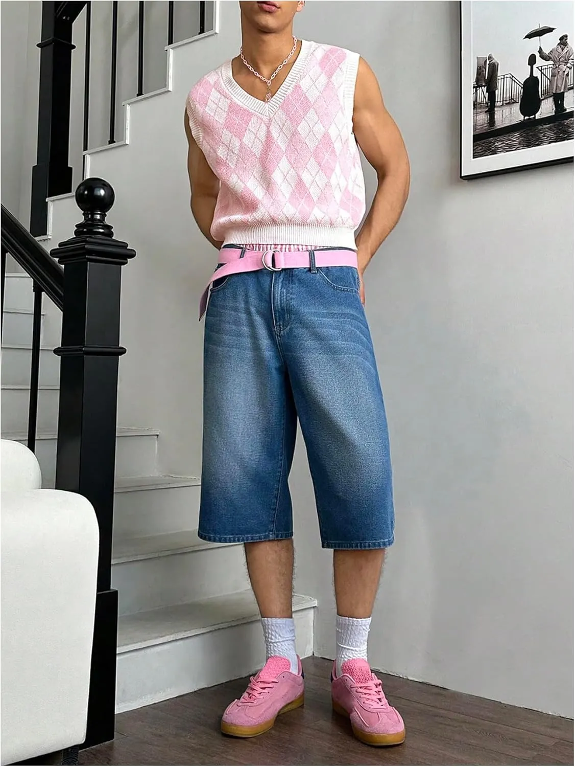 Men's Plaid Geometric Sleeveless Knitted Sweater V Neck Crochet Pullover Sweater Vest
