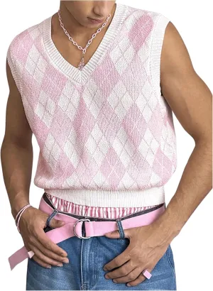 Men's Plaid Geometric Sleeveless Knitted Sweater V Neck Crochet Pullover Sweater Vest