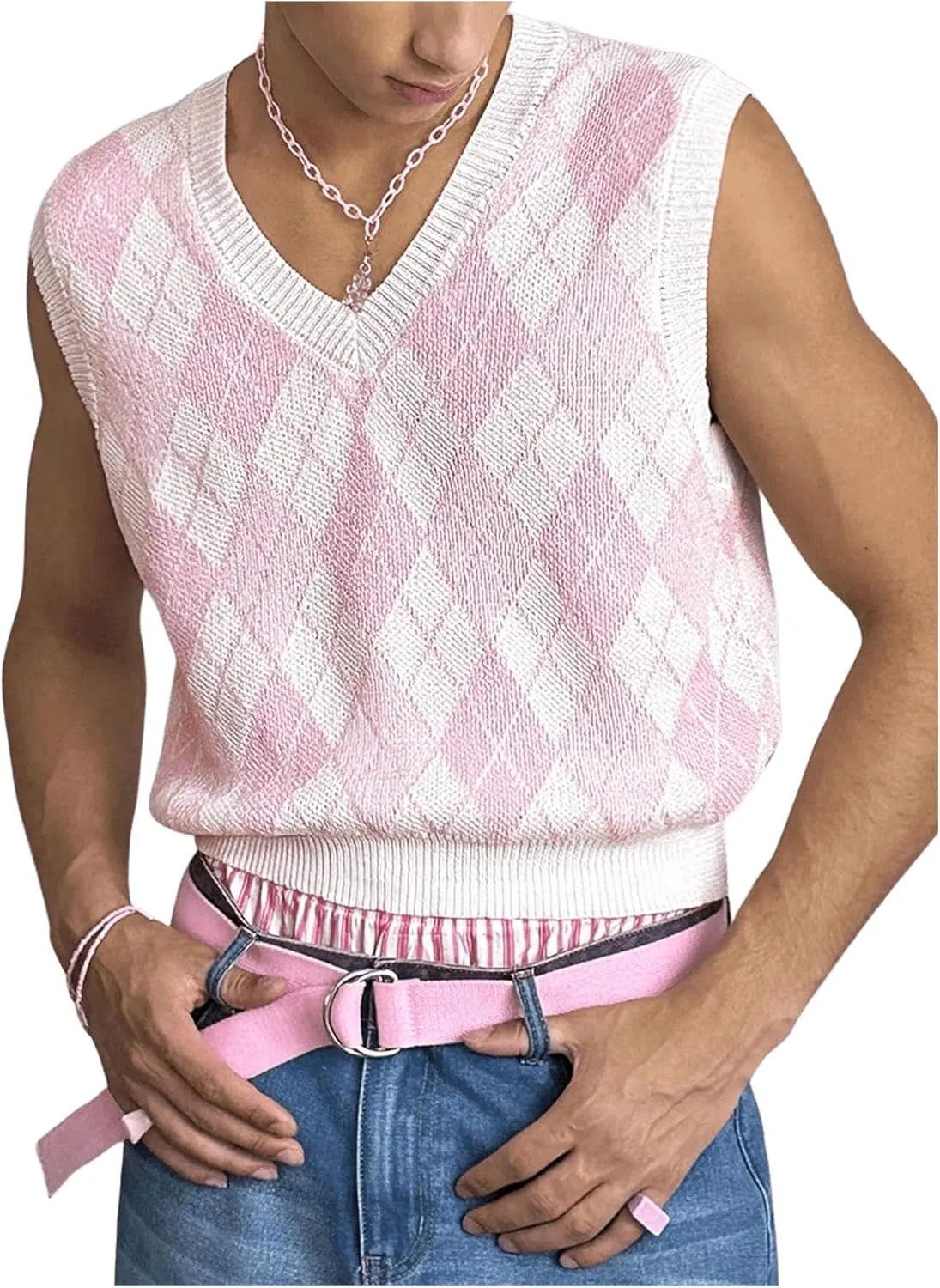 Men's Plaid Geometric Sleeveless Knitted Sweater V Neck Crochet Pullover Sweater Vest