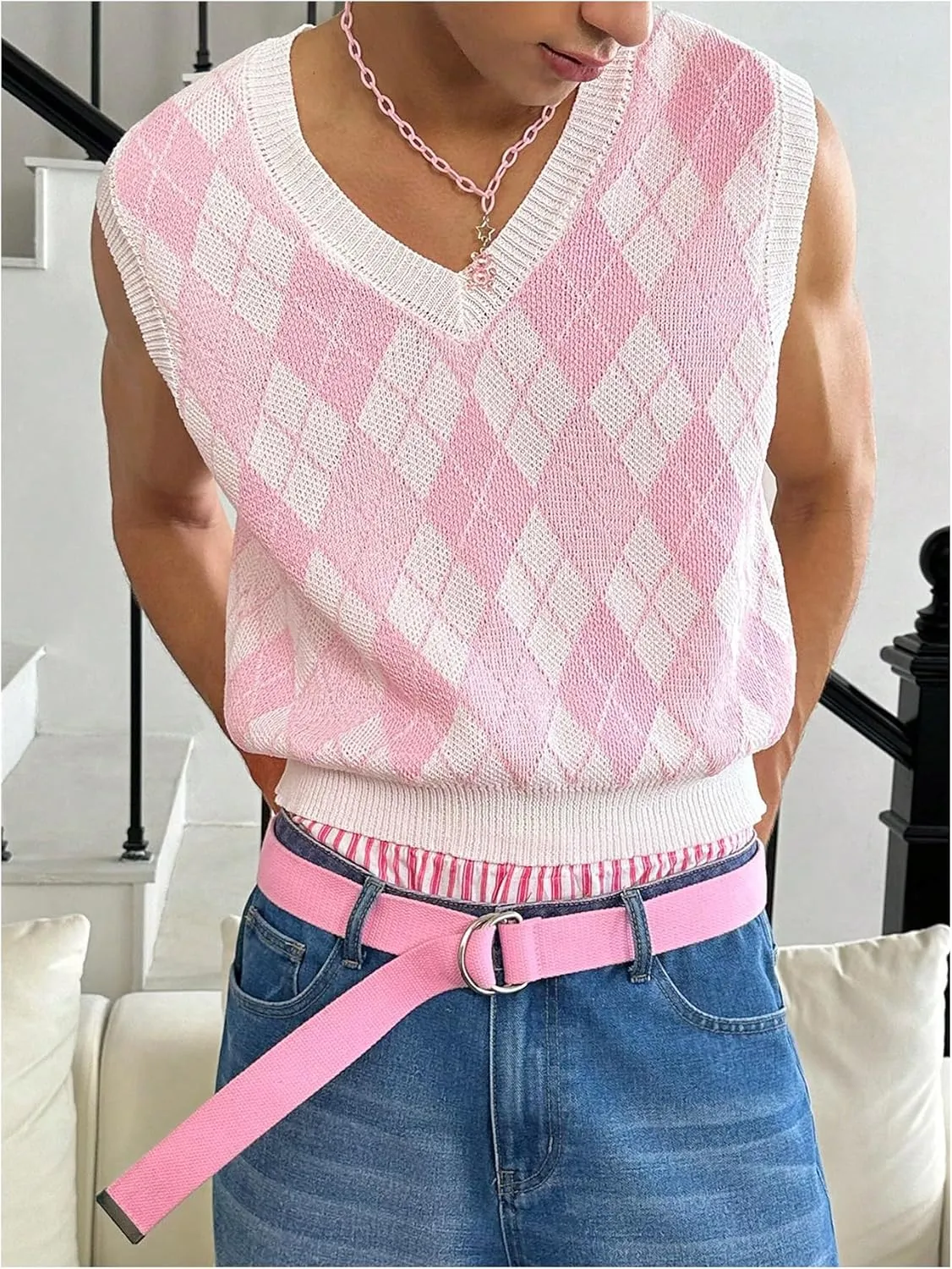 Men's Plaid Geometric Sleeveless Knitted Sweater V Neck Crochet Pullover Sweater Vest