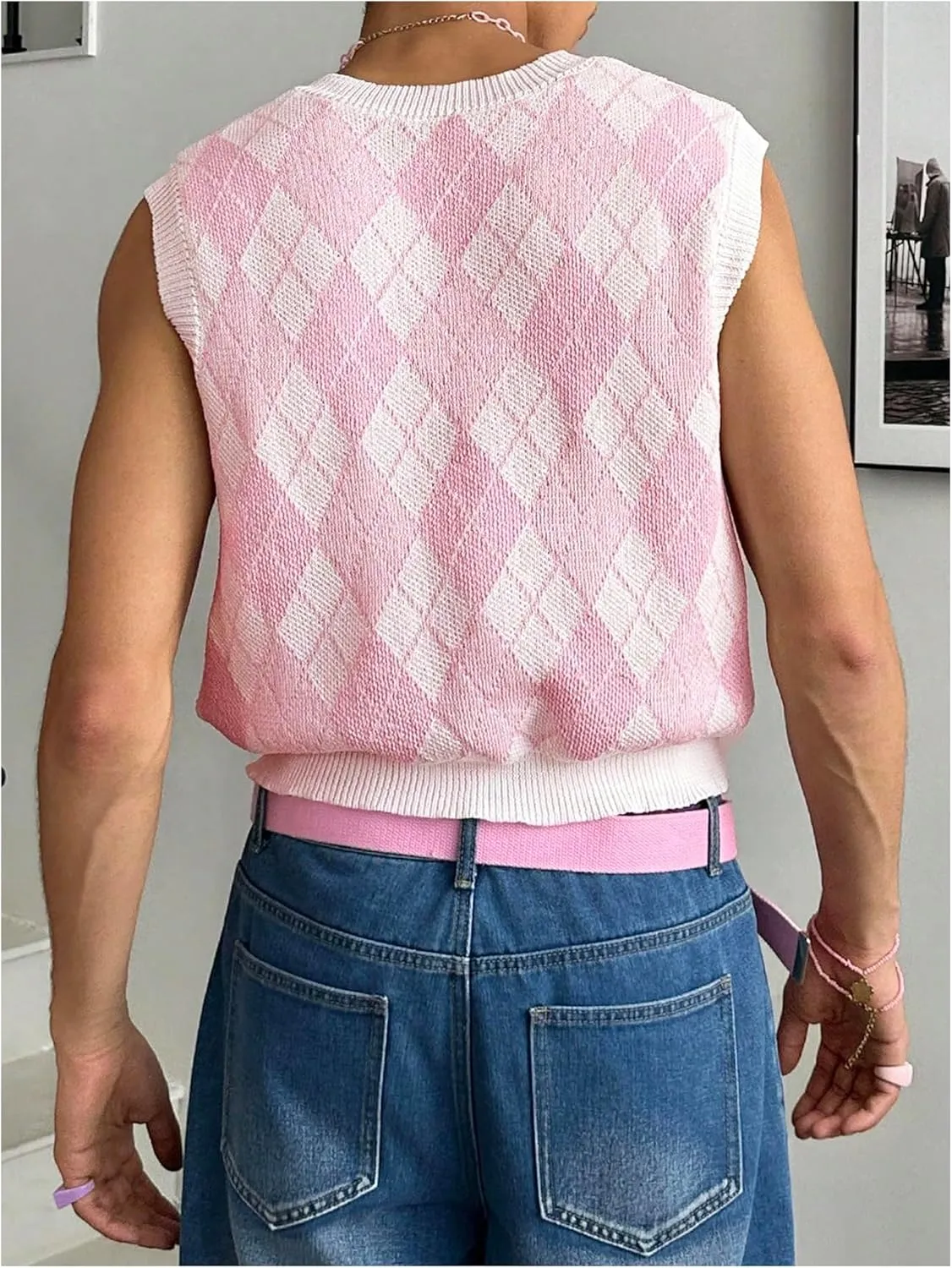 Men's Plaid Geometric Sleeveless Knitted Sweater V Neck Crochet Pullover Sweater Vest