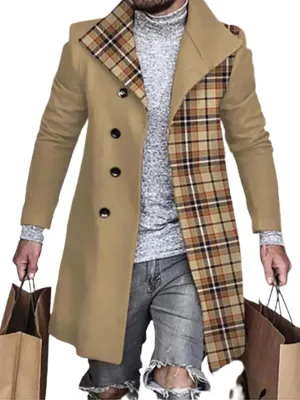 Men's Plaid Trench Coat 2024 Fall Winter Slim Fit Notch Collar Single Breasted Mid Long Peacoat