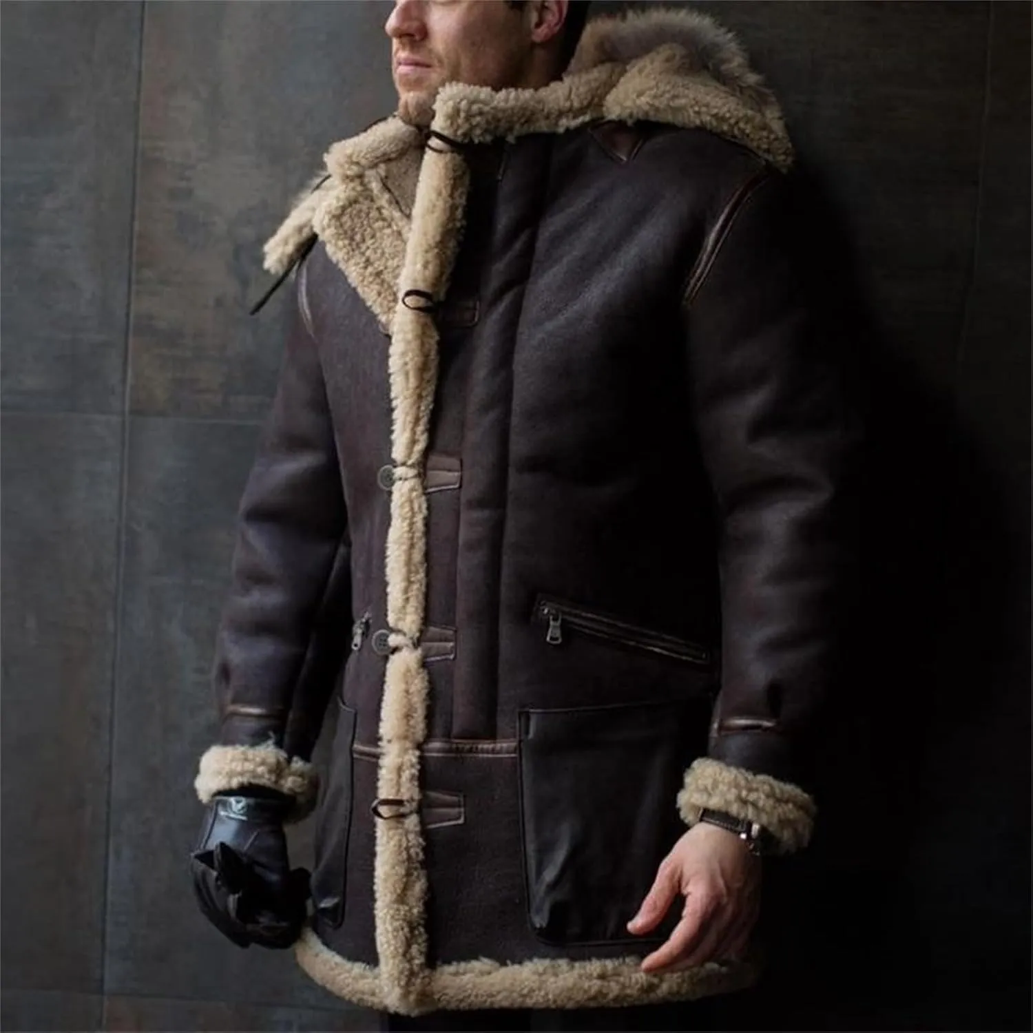 Men's Shearling Leather Coat Suede Sherpa Lined Fleece Sheepskin Pea Coat Jacket Faux Fur Vintage Long Trench Coat