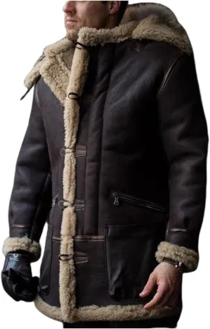 Men's Shearling Leather Coat Suede Sherpa Lined Fleece Sheepskin Pea Coat Jacket Faux Fur Vintage Long Trench Coat