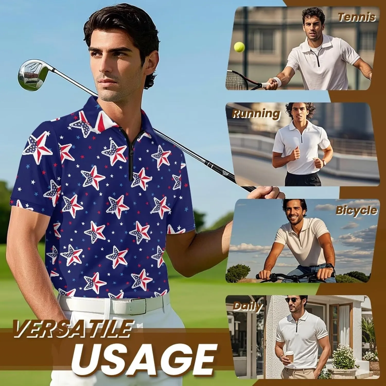 Men's Short Sleeve Shirt Zipper Collar Golf Shirt Summer Quick Dry Athletic Tops Slim Fit Sports Tennis Shirts