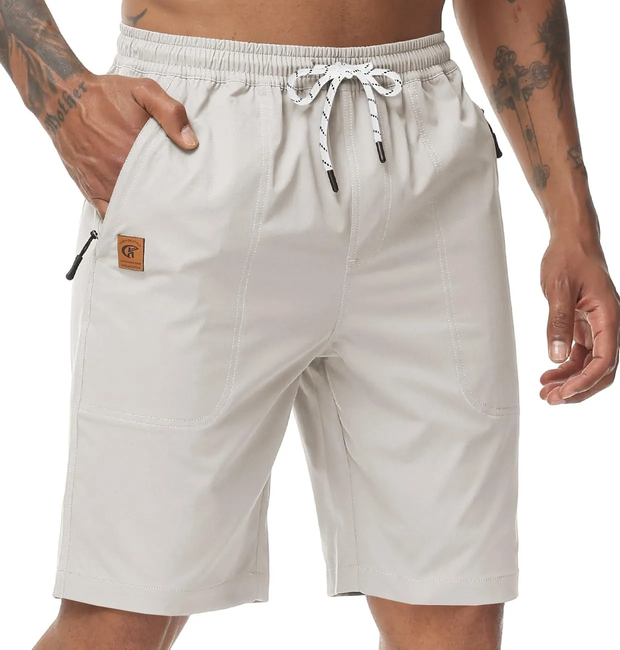 Men's Stretch Shorts Casual Classic Fit Drawstring Summer Beach Shorts with Zipper Pockets