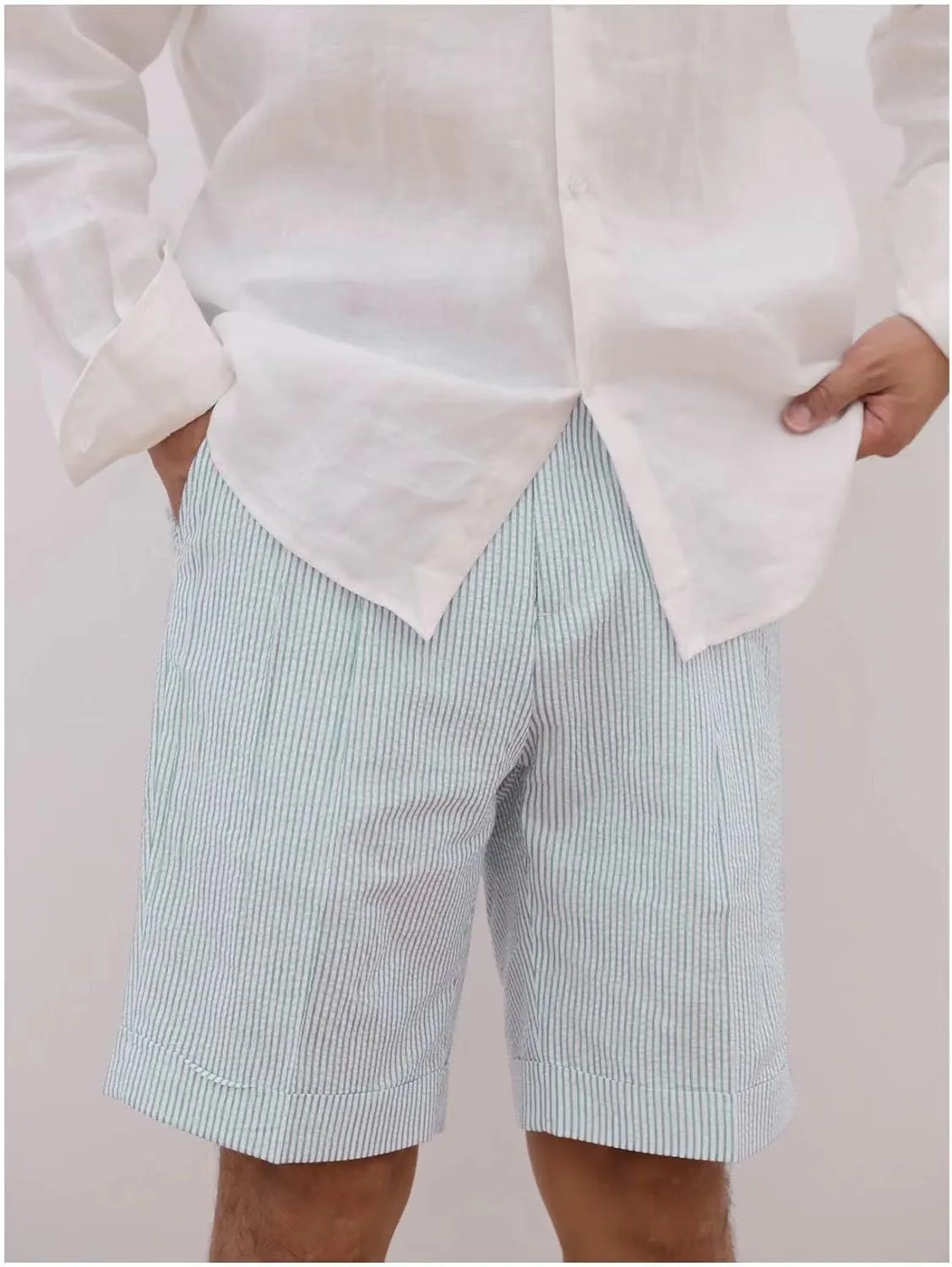 Mens Summer Seersucker Slim Fit Suit Shorts Mens Causal Polyester Sear Sucker Shorts