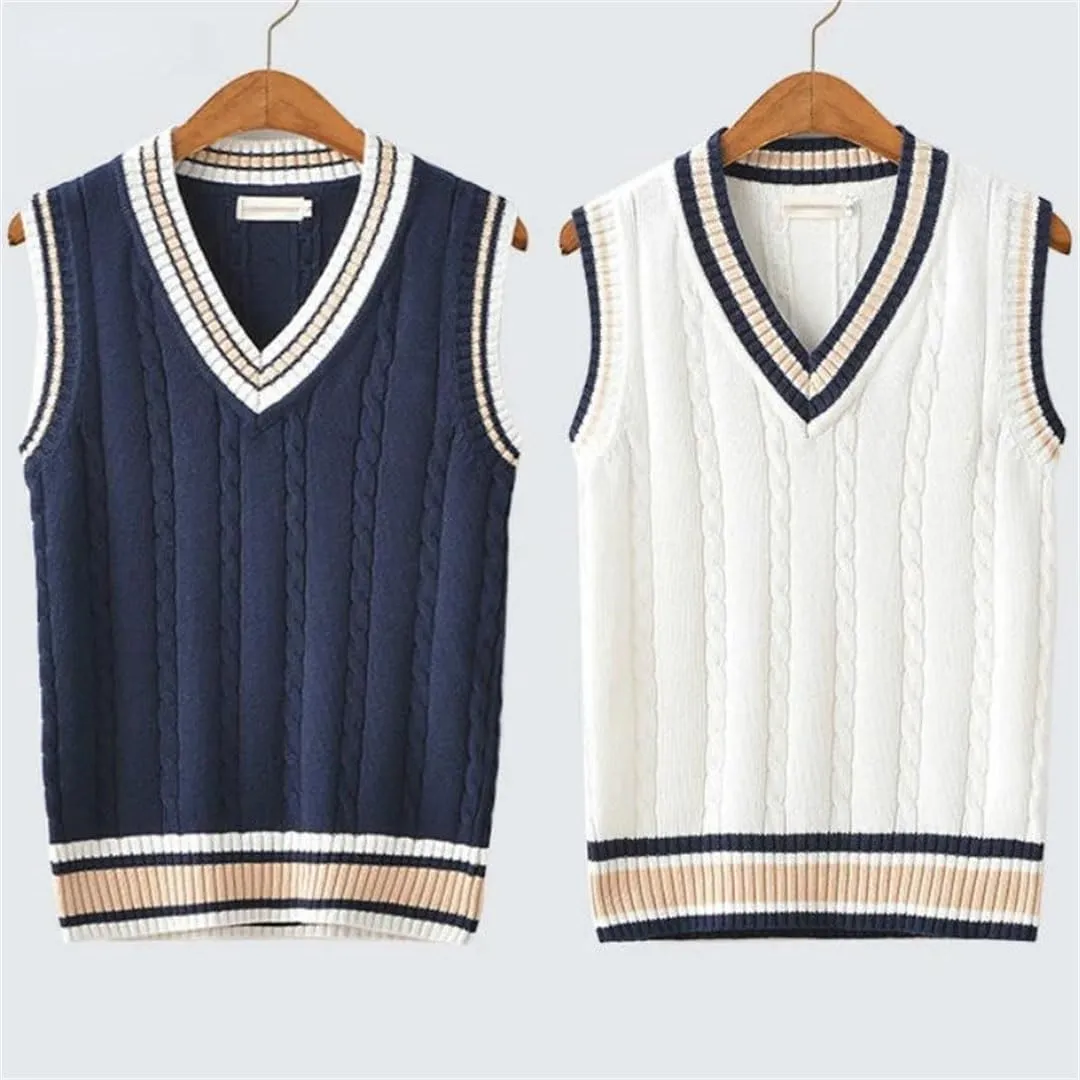 Men's Sweater Vest Thickened V-Neck Sleeveless Knitted Sweater Vest Striped Retro College Style Loose Versatile Vest