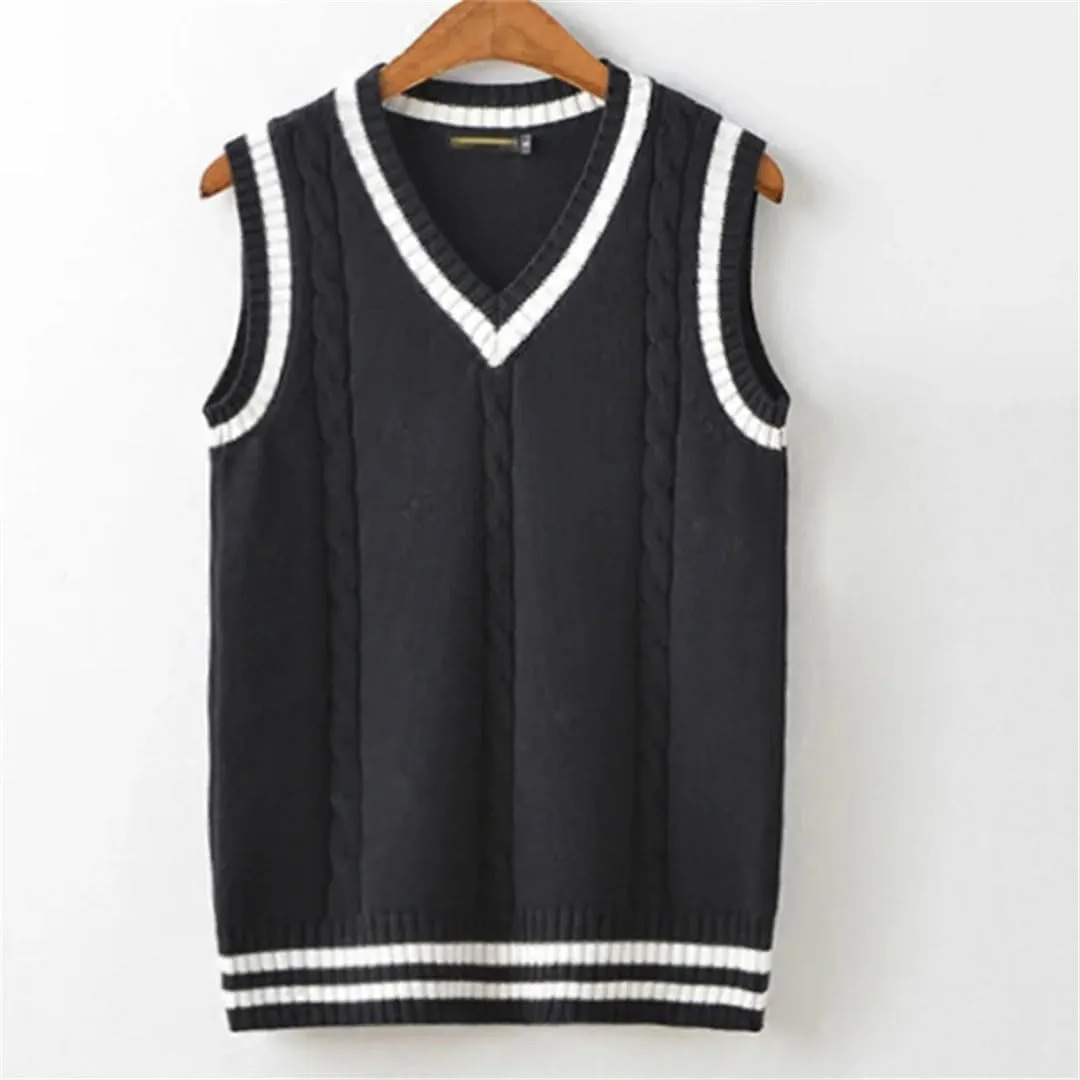 Men's Sweater Vest Thickened V-Neck Sleeveless Knitted Sweater Vest Striped Retro College Style Loose Versatile Vest