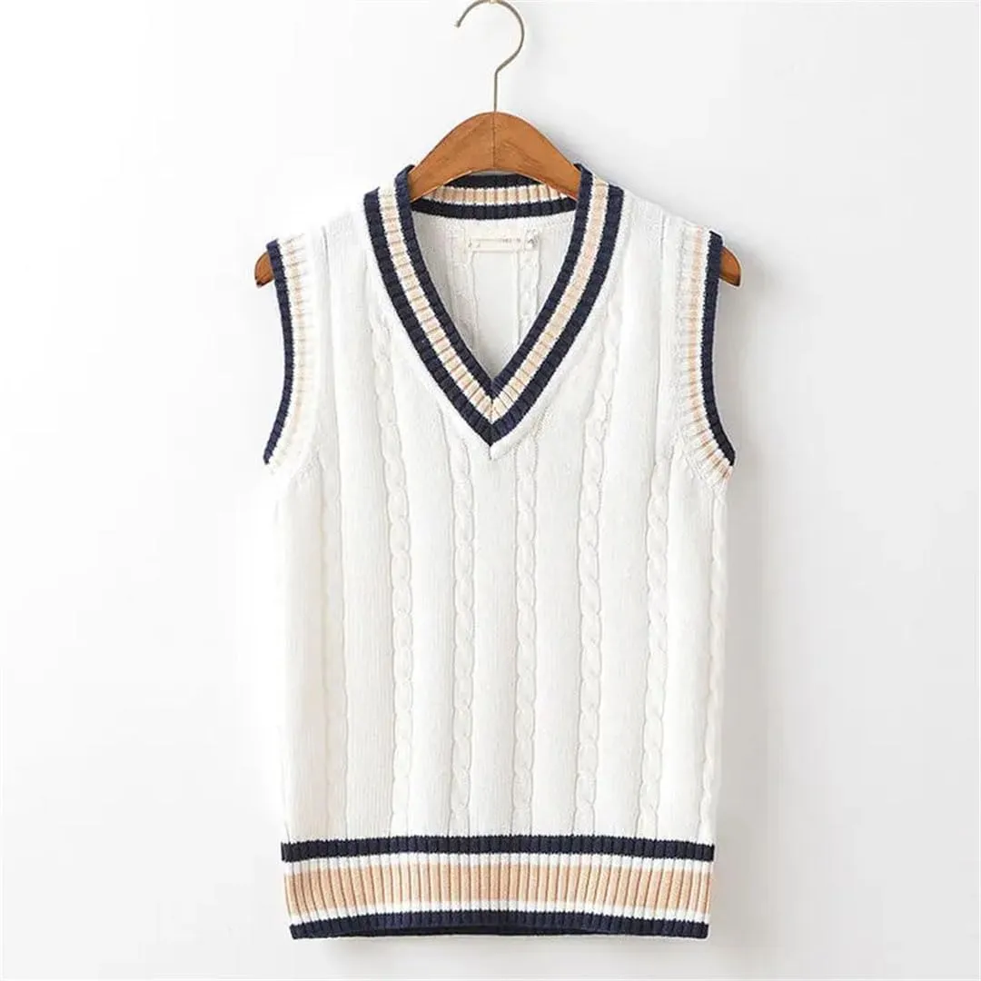 Men's Sweater Vest Thickened V-Neck Sleeveless Knitted Sweater Vest Striped Retro College Style Loose Versatile Vest