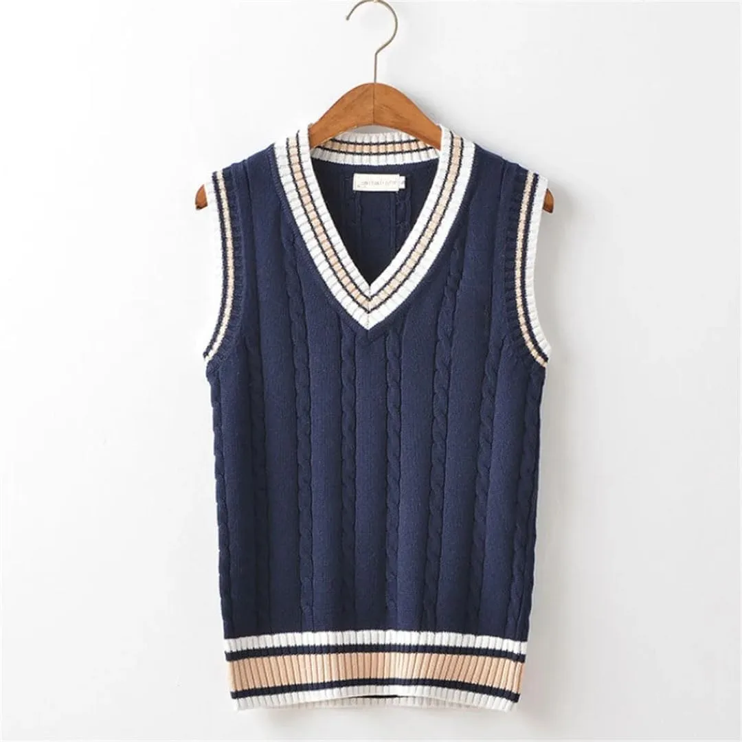 Men's Sweater Vest Thickened V-Neck Sleeveless Knitted Sweater Vest Striped Retro College Style Loose Versatile Vest