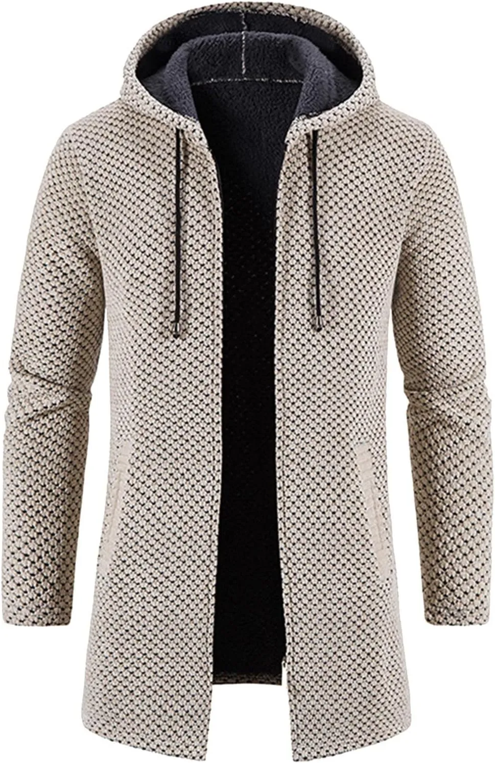 Mens Trench Coat Winter Wool Blend Jacket Overcoat Warm Long Coat, Winter Solid Knitted Hooded Cardigan Jacket