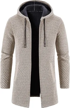 Mens Trench Coat Winter Wool Blend Jacket Overcoat Warm Long Coat, Winter Solid Knitted Hooded Cardigan Jacket