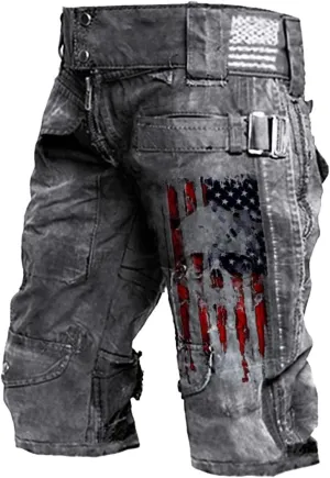 Mens Vintage Cargo Shorts Skull Print Outdoor Relaxed Fit Lightweight Cotton Cargo Shorts