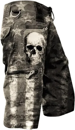 Mens Vintage Cargo Shorts Skull Print Outdoor Relaxed Fit Lightweight Cotton Cargo Shorts