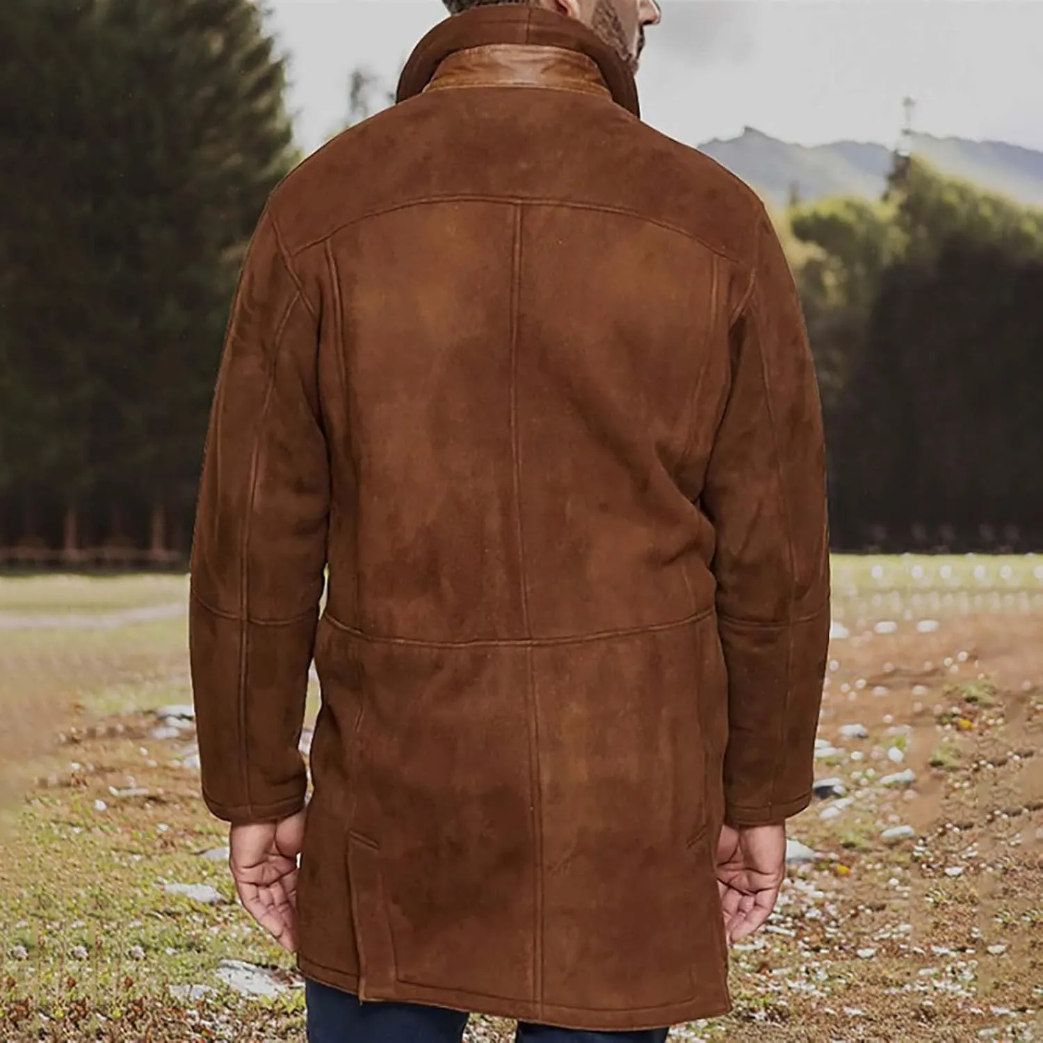 Mens Western Cowboy Jacket Long Trench Coats Zip Up Stand Collar Jacket Winter Vintage Cowboy Peacoat Retro Tops