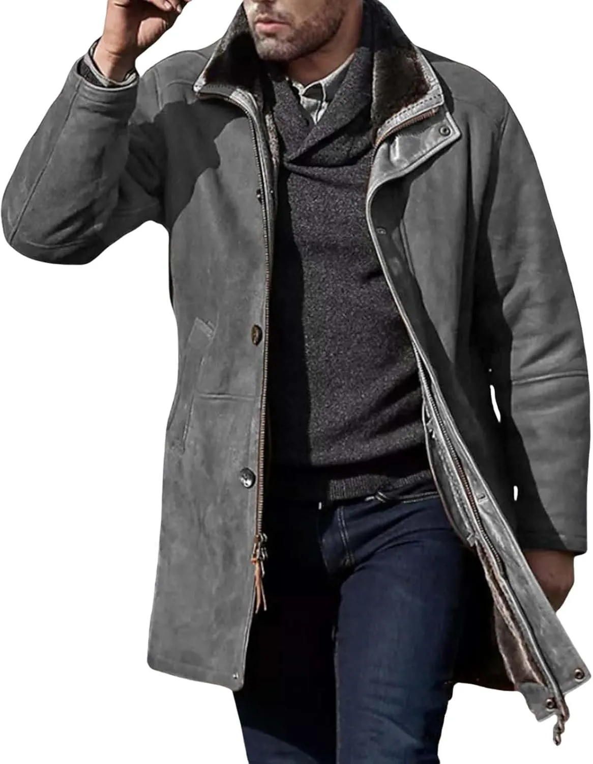 Mens Western Cowboy Jacket Long Trench Coats Zip Up Stand Collar Jacket Winter Vintage Cowboy Peacoat Retro Tops