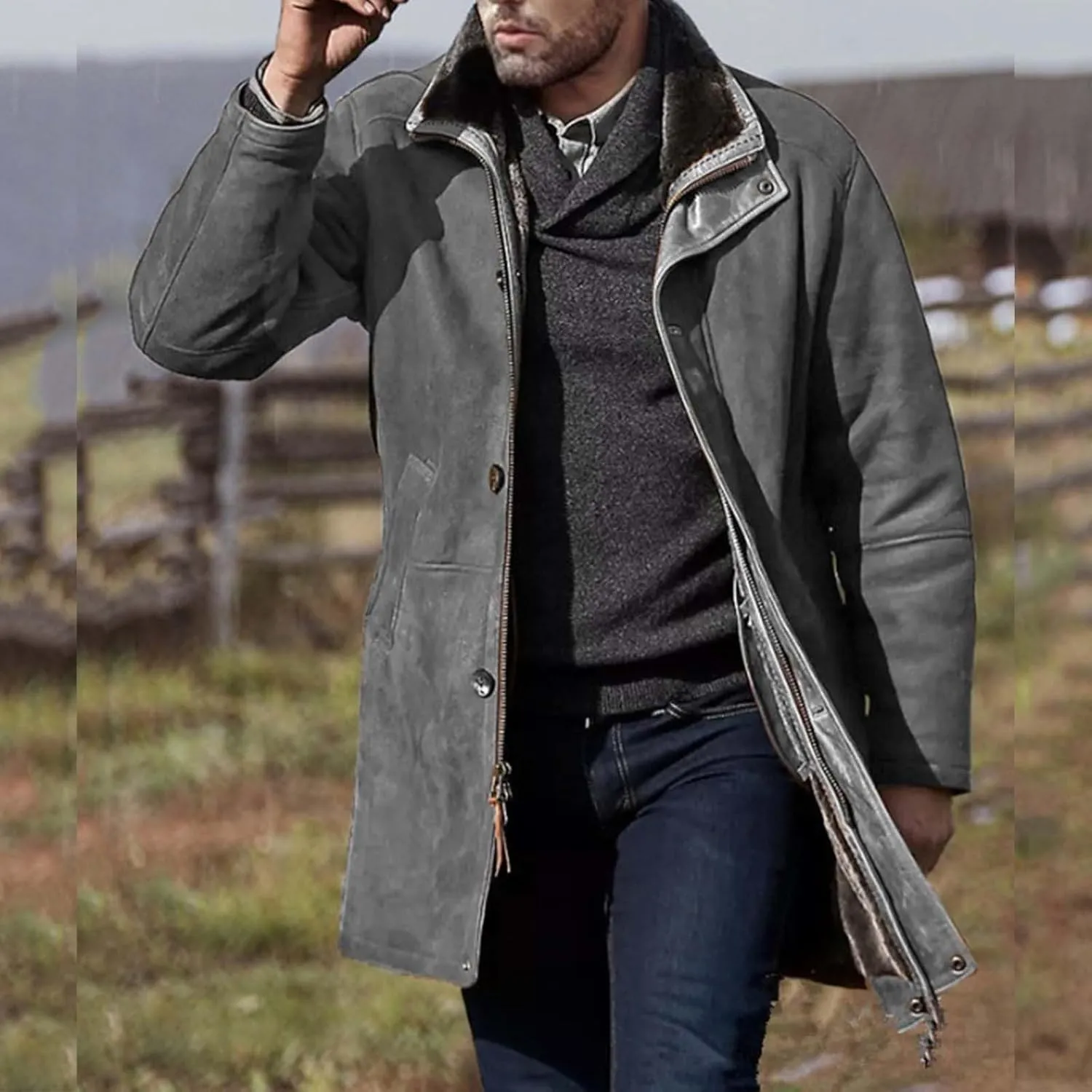 Mens Western Cowboy Jacket Long Trench Coats Zip Up Stand Collar Jacket Winter Vintage Cowboy Peacoat Retro Tops