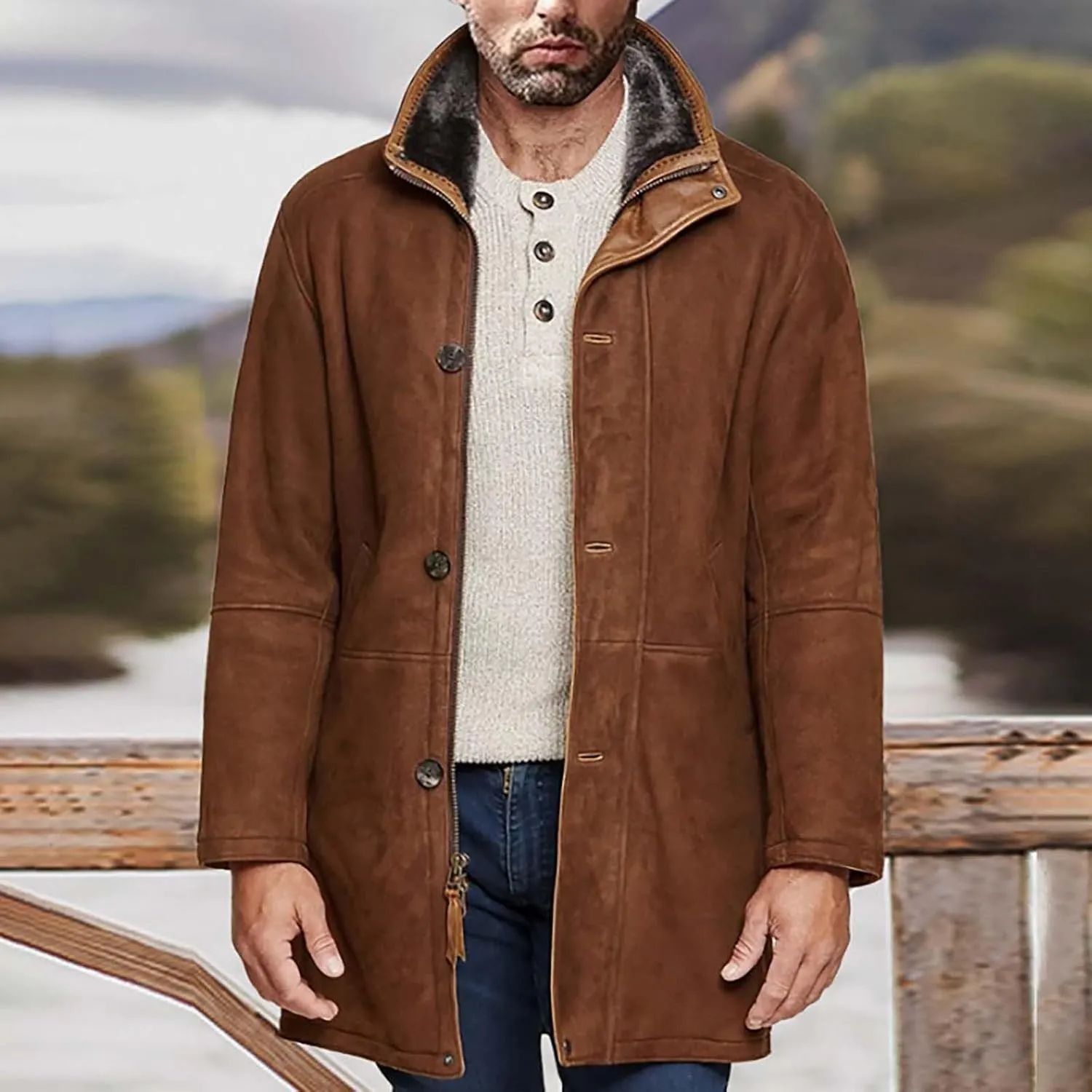 Mens Western Cowboy Jacket Long Trench Coats Zip Up Stand Collar Jacket Winter Vintage Cowboy Peacoat Retro Tops