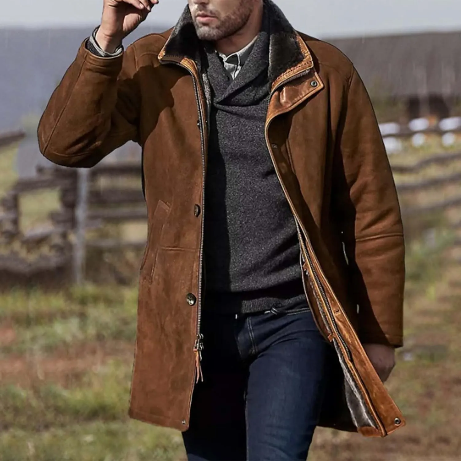 Mens Western Cowboy Jacket Long Trench Coats Zip Up Stand Collar Jacket Winter Vintage Cowboy Peacoat Retro Tops