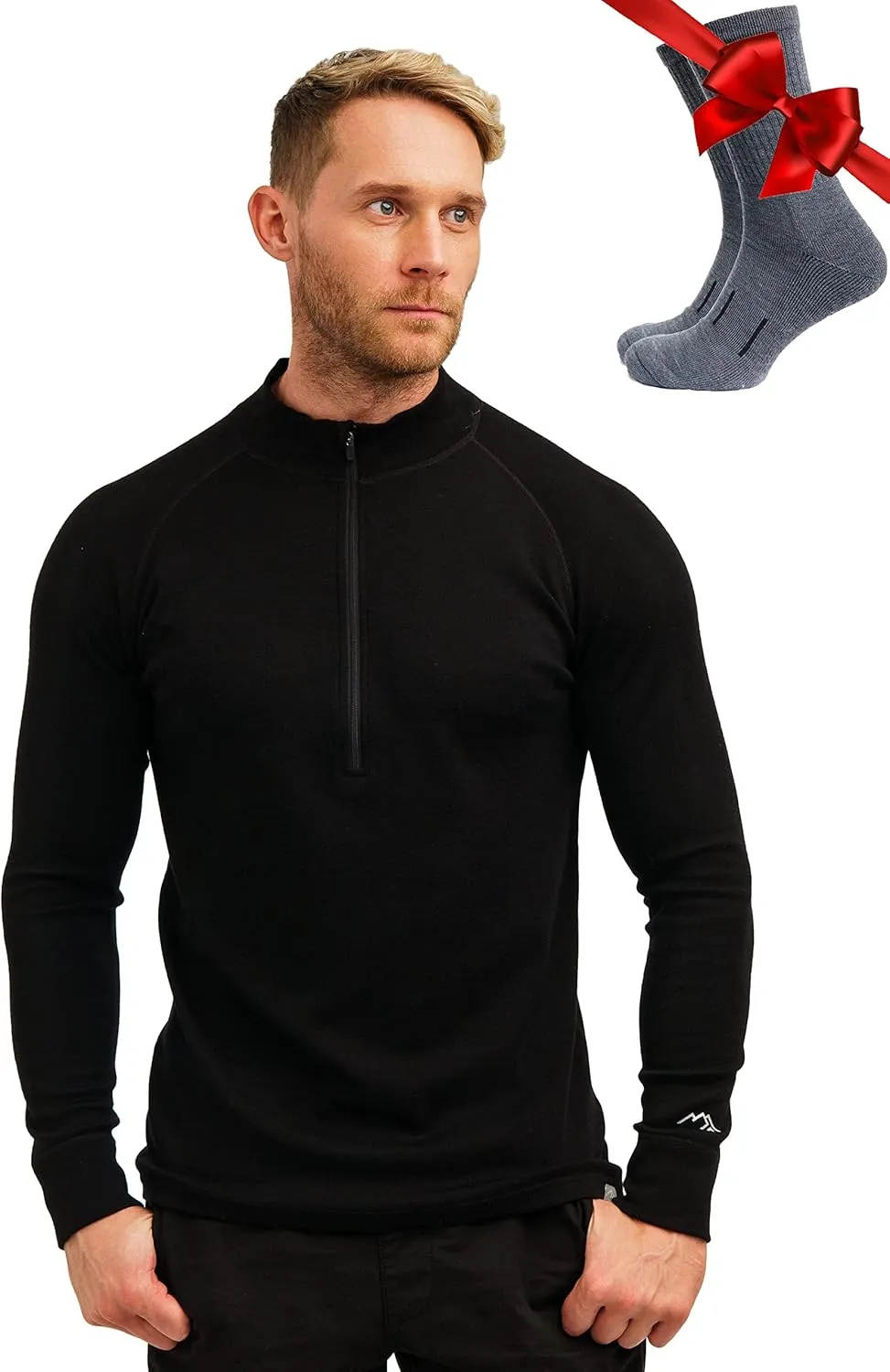 Merino Wool Base Layer Mens - Wool Half Zip Sweater Men - Merino Quarter Zip Sweater Lite, Midweight, Heavyweight and Socks